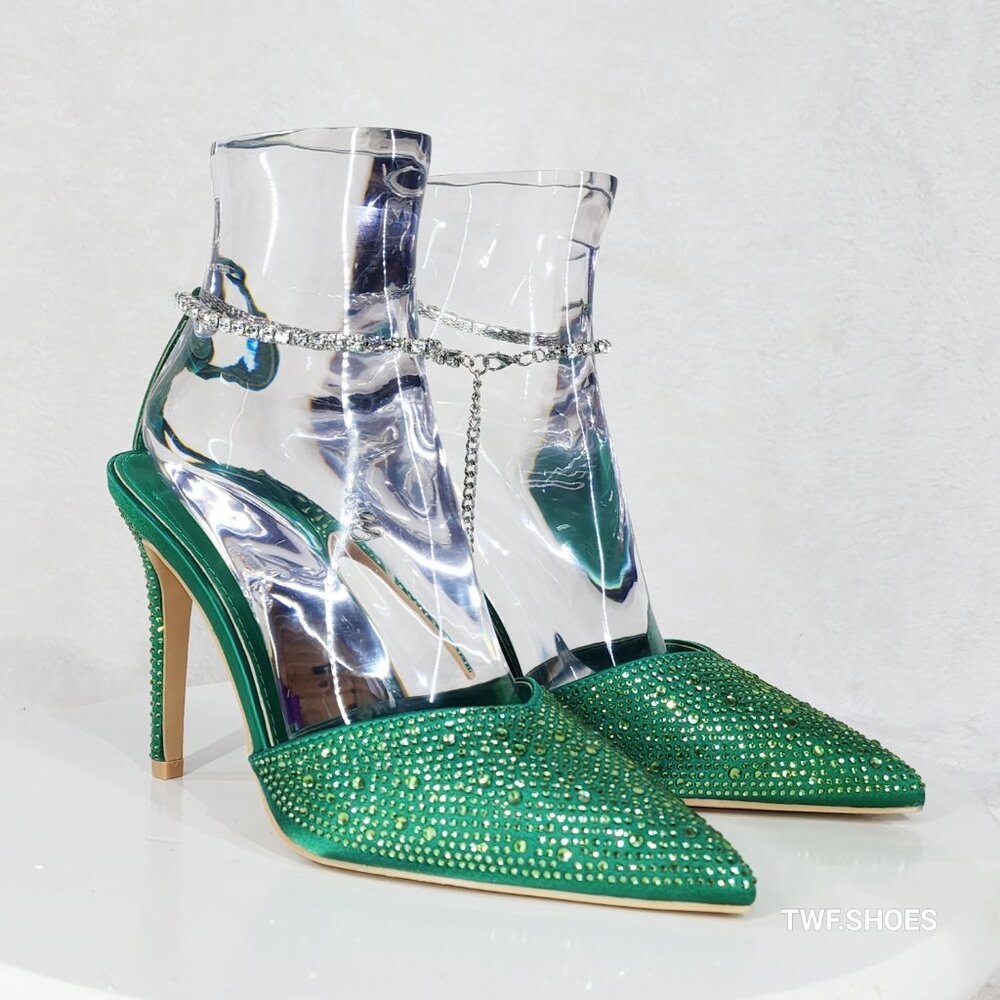Simply Sexy Slip on Ankle Bracelet Green Rhinestone Pointy Toe High Heels - Picture 7 of 11